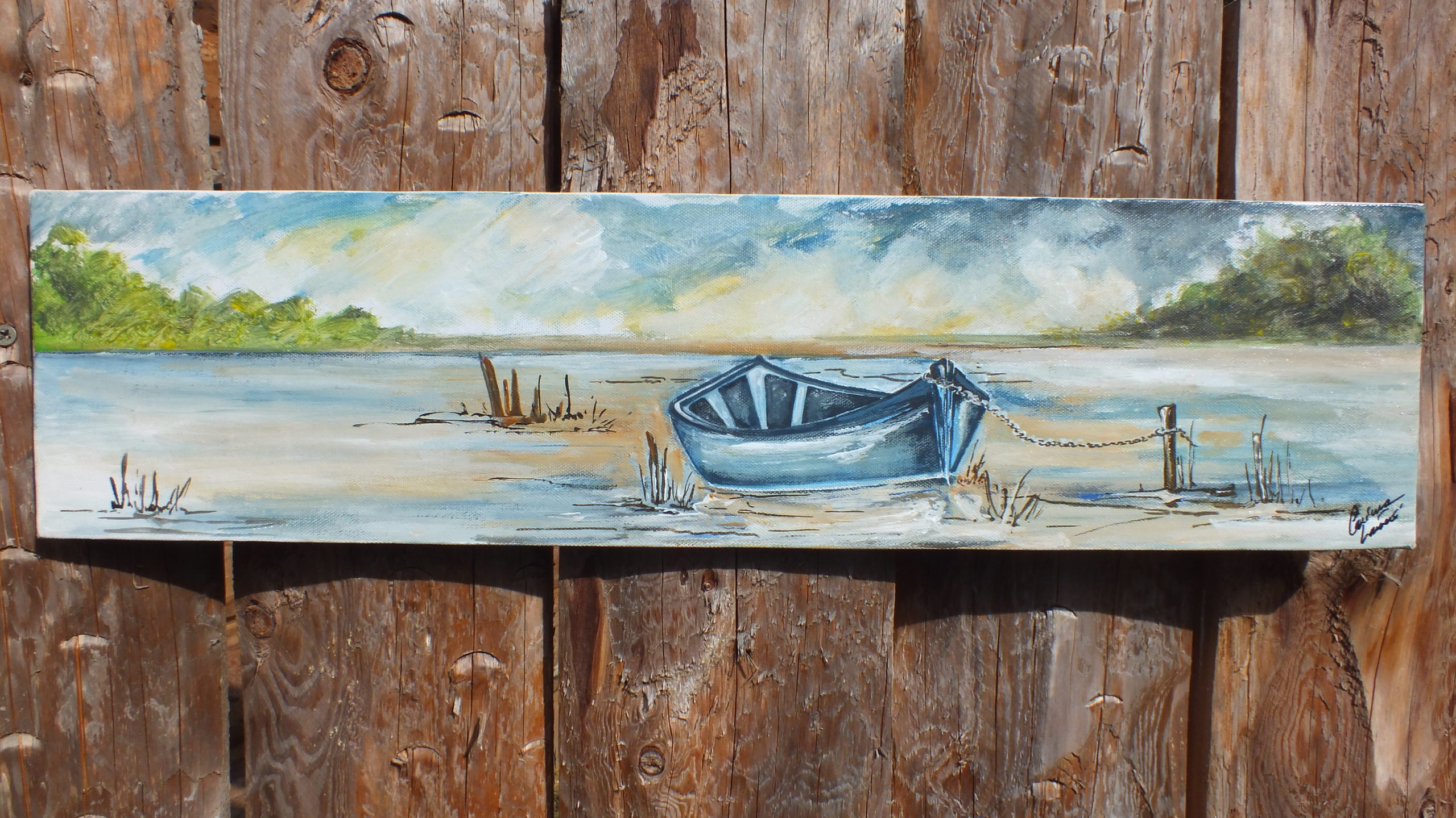 Toile peinte : marine – barque à marée basse…
