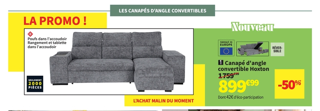 Canapé D’angle Convertible 4 Places Hoxton Coloris Gris