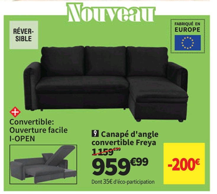 Canapé D’angle Convertible 4 Places Freya Coloris Noir