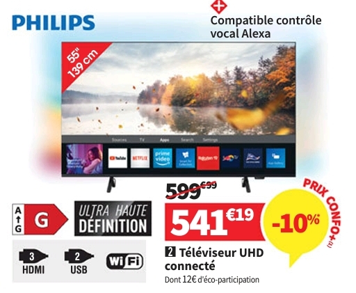 Offre Porteurs Carte Conforama Téléviseur 139 Cm Uhd 4k Led Philips 55pus8309/12