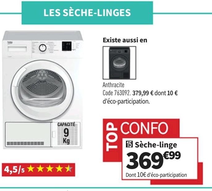 Top Confo  Sèche Linge Ouverture Hublot Beko Dcb912w