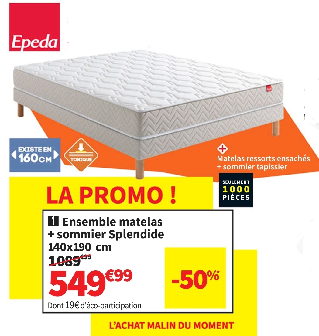 Ensemble Matelas Et Sommier 140×190 Cm Ressorts Epeda Splendide Soutien Ferme