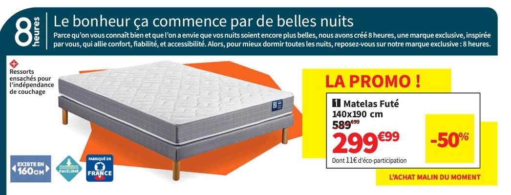 Matelas 140×190 Cm 8 Heures Fute Ressorts Soutien Medium épaisseur 21 Cm