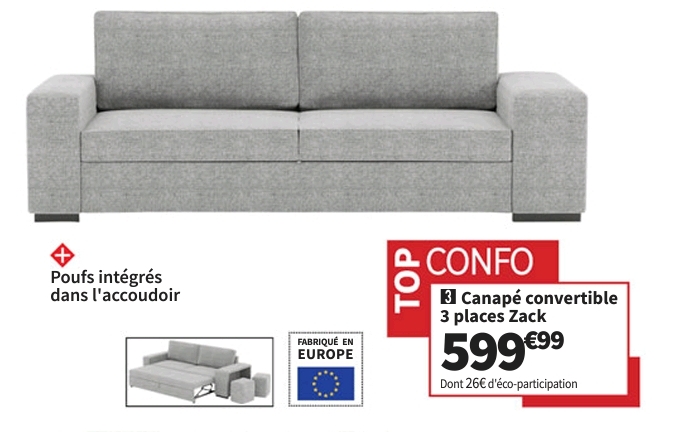 Top Confo Canape Droit Convertible Zack 3 Pl Tissu / Microfibre Gris