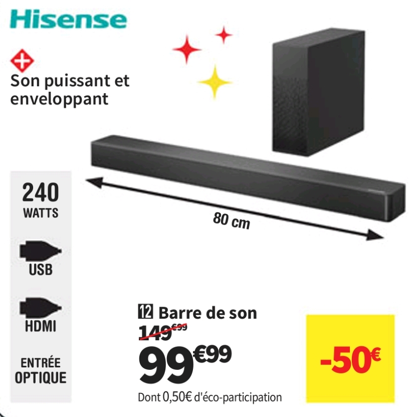 Barre De Son Hs2100 Hisense Caisson Sans Fil 240 Watts 80 Cm Coloris Noir