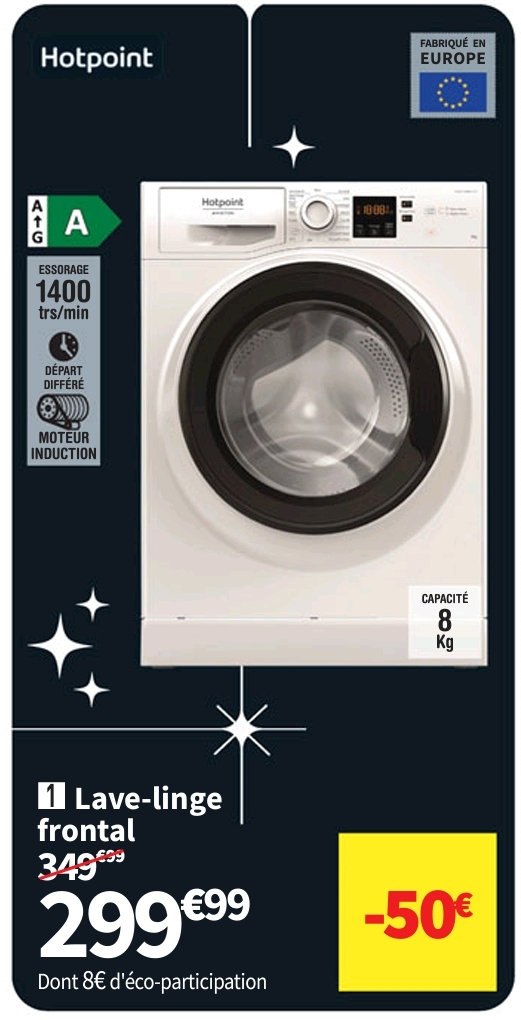 Lave Linge Ouverture Hublot Hotpoint Ns8469wkfr 8 Kg 1400 Trs/min Profondeur 60.5 Cm