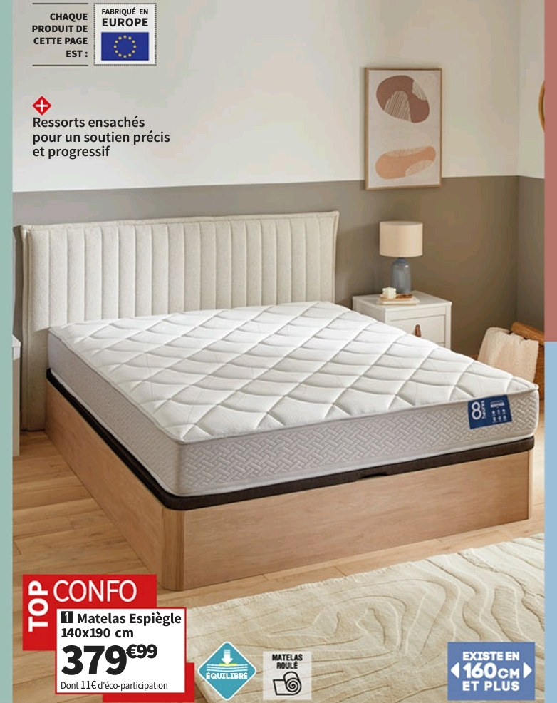 Top Confo Matelas 140×190 Cm 8 Heures Espiegle Ressorts Soutien Ferme épaisseur 24.67 Cm