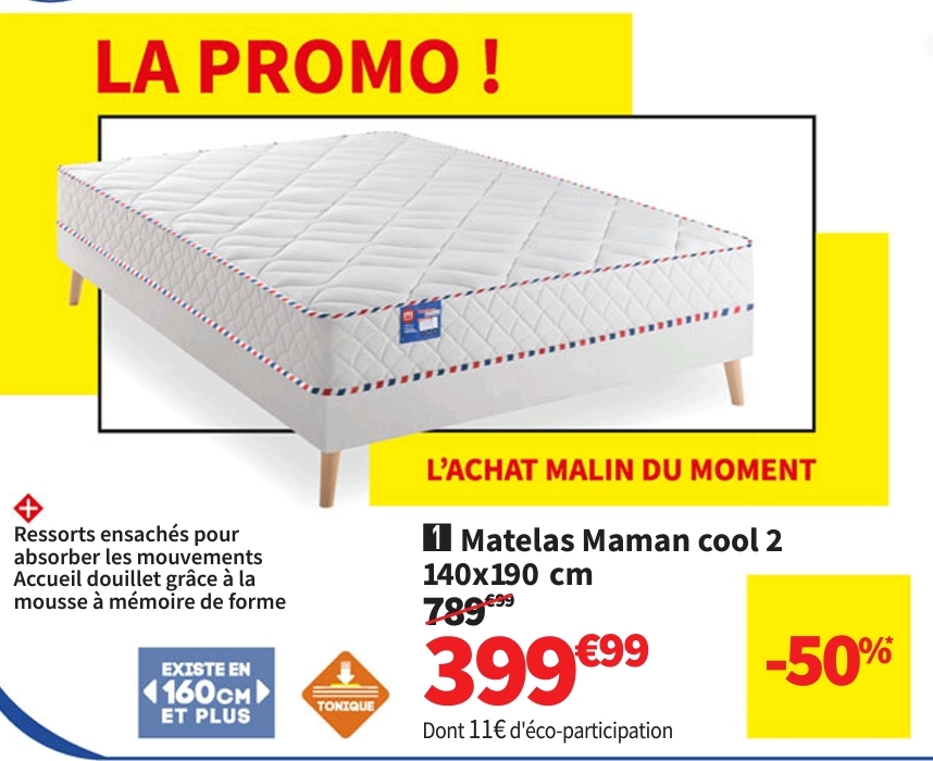 Matelas 140×190 Cm Merinos Maman Cool 2 Ressorts   Mémoire De Forme Soutien Ferme épaisseur 21 Cm