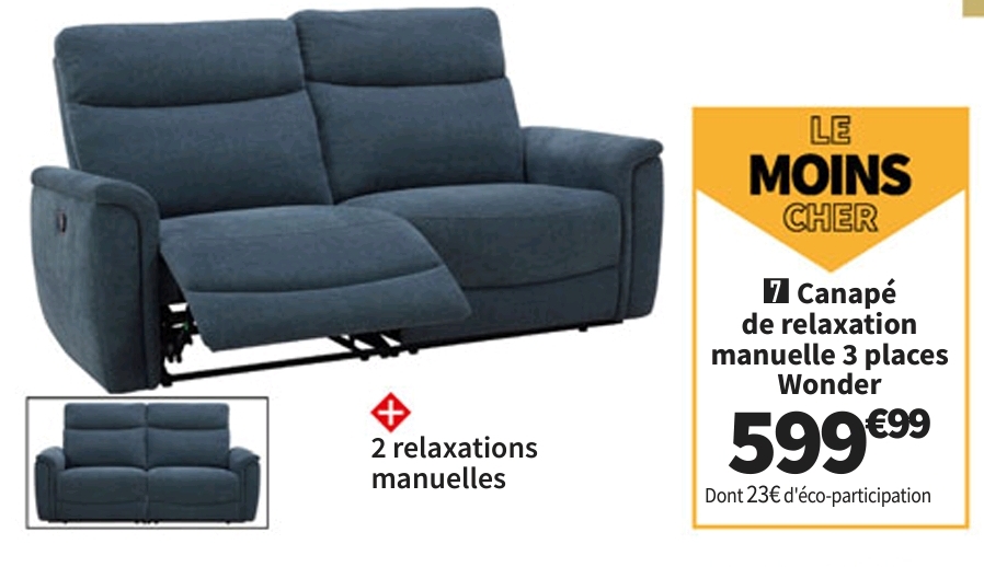 Le Moins Cher  Canape Droit Relax Manuel Wonder 3 Pl Tissu Gris