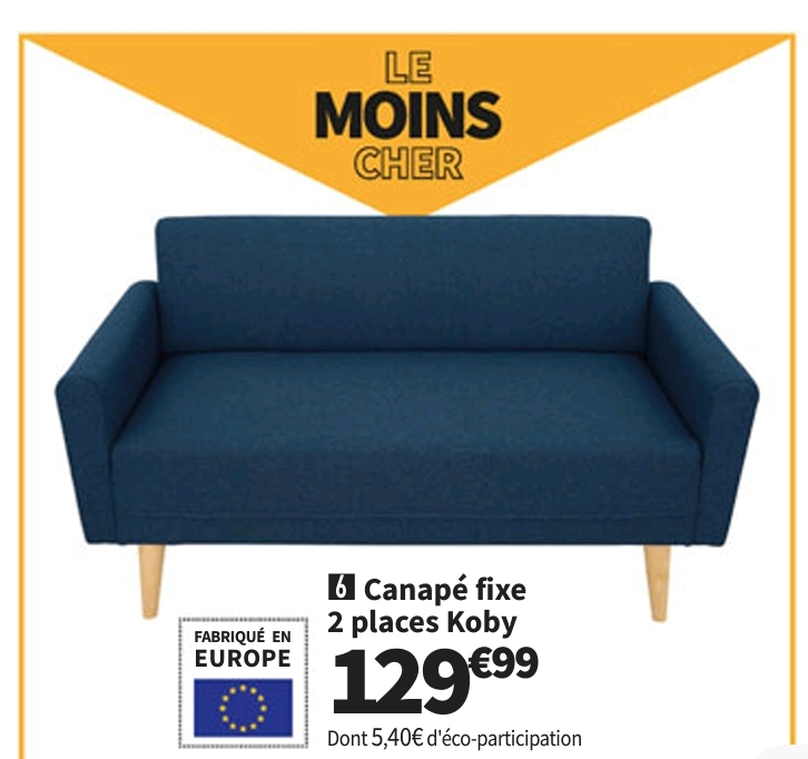 Le Moins  Cher   Canape Droit Fixe Koby 2 Pl Tissu Bleu