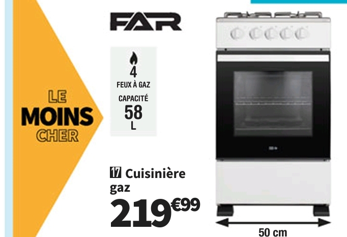 Le Moins Cher Cuisinière Gaz Far Gc505024w G 4 Foyers Convection Naturelle Manuel 49.3 Cm