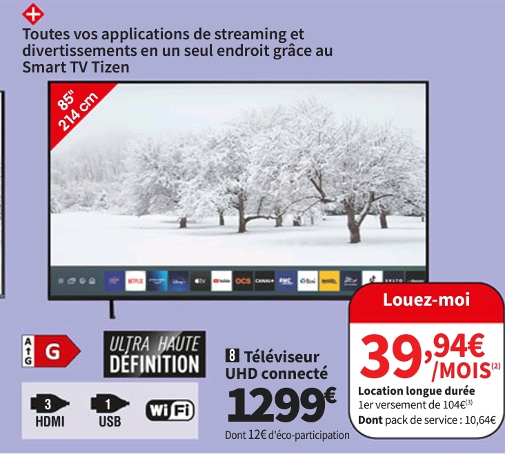 Téléviseur Led Samsung Tu85du7105kxxc Uhd 4k 85 Pouces 214 Cm (location Possible 39.94€/mois)