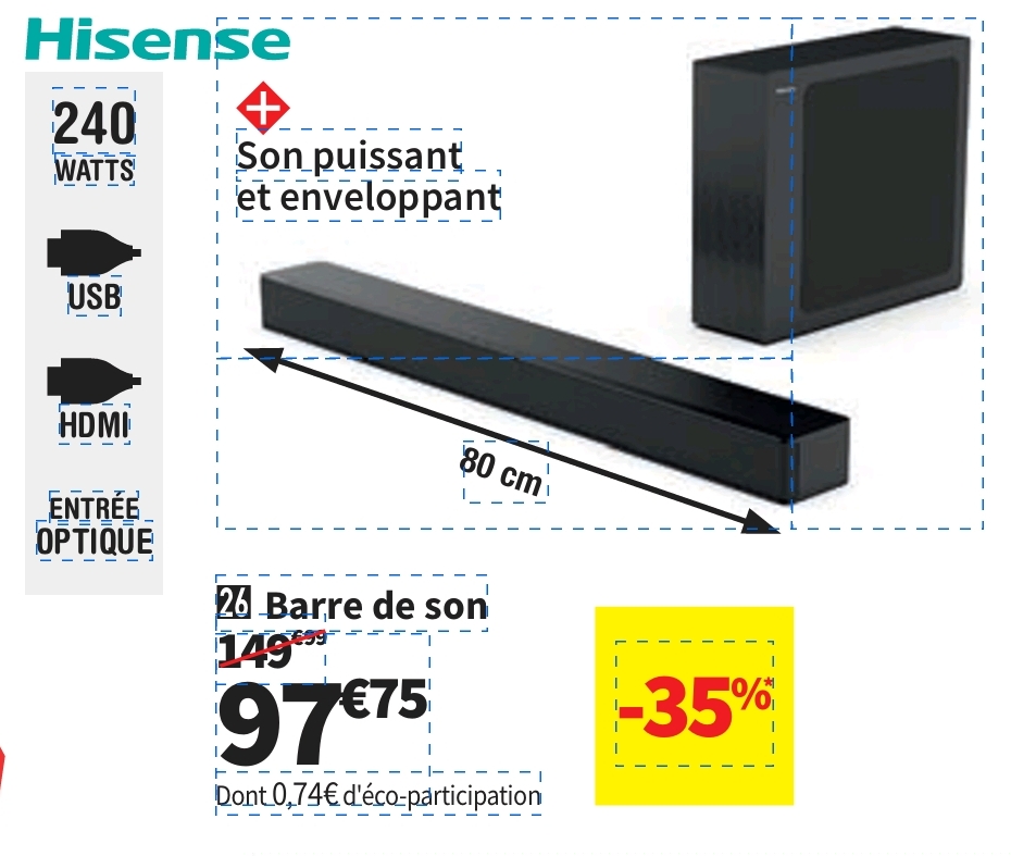 Barre De Son Hs2100 Hisense Caisson Sans Fil 240 Watts 80 Cm Coloris Noir