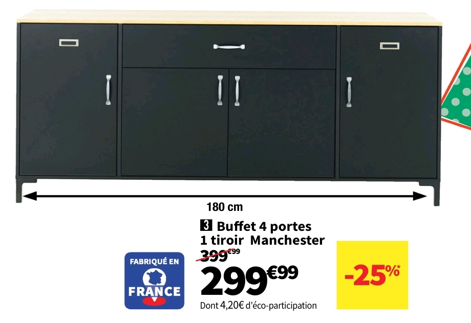 Buffet 4 Porte(s) 1 Tiroir(s) Manchester – 180 Cm Coloris Bicolore éclairage