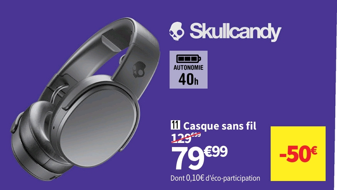 Casque Sans Fil Skullcandy S6crw-k591 Autonomie 40 Heures