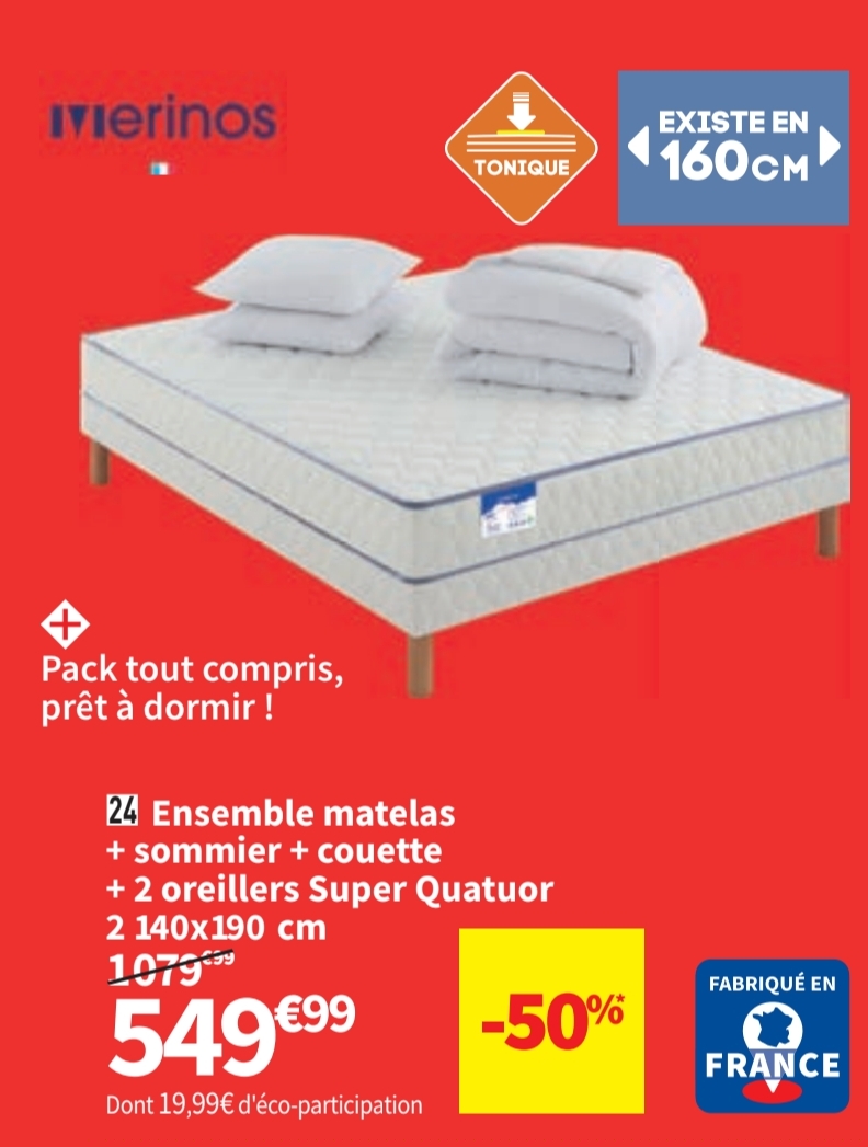 Ensemble Matelas Et Sommier 160×200 Cm Ressorts Merinos Super Quatuor 2 Soutien Ferme