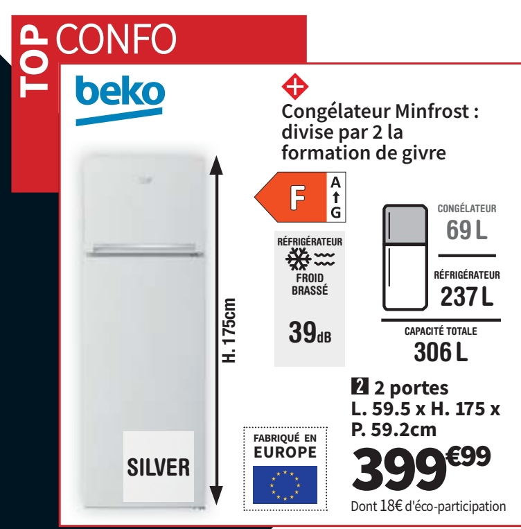 Réfrigérateur 2 Portes      Beko Rdsa310m30sn