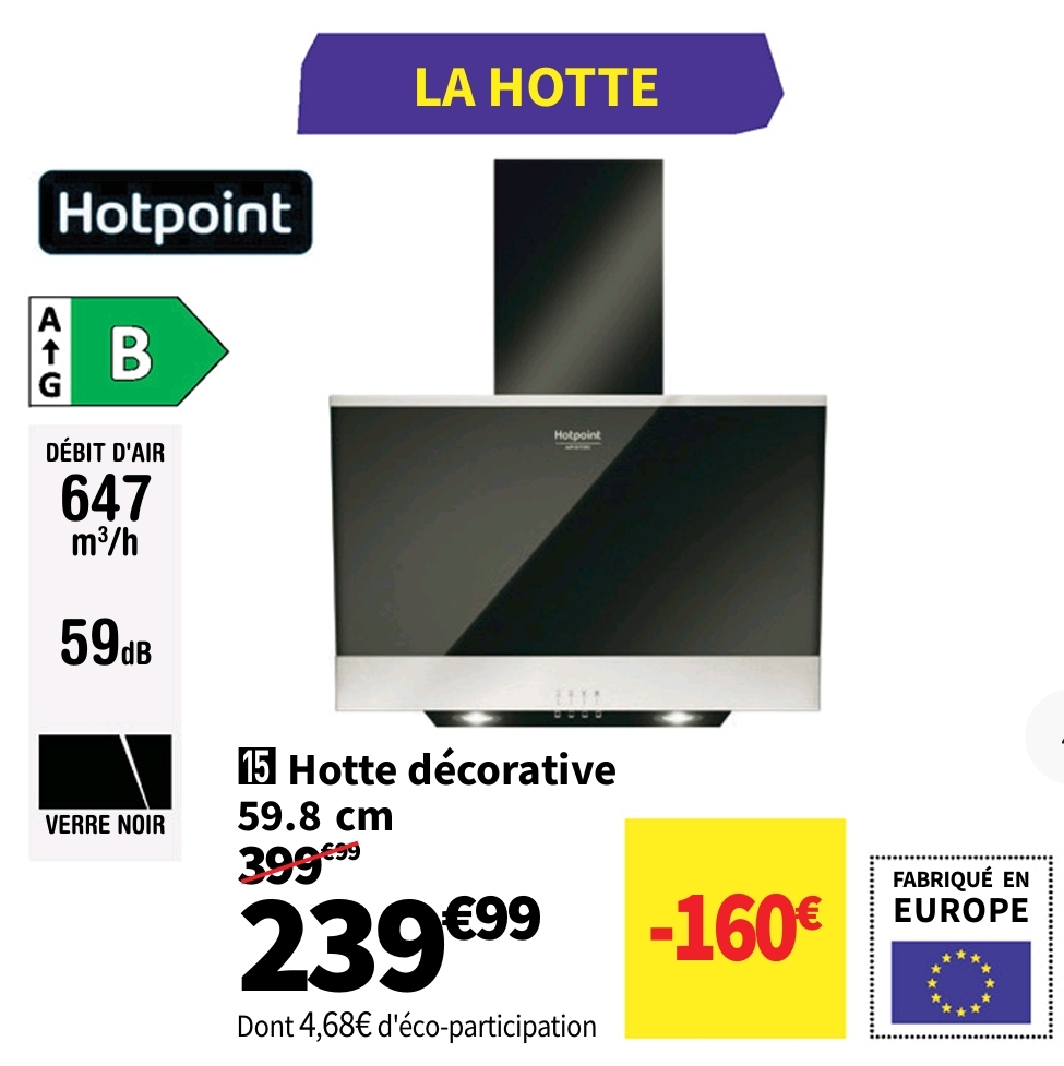 Hotte Décorative Recyclage Ou évacuation Hotpoint Hhvp6.6flmk 647 M3/h