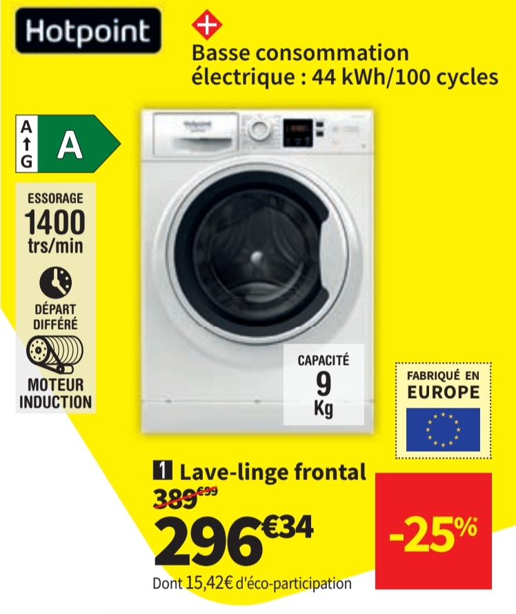 Lave Linge Ouverture Hublot Hotpoint Ns9479wwfr 9 Kg 1400 Trs/min Profondeur 61 Cm