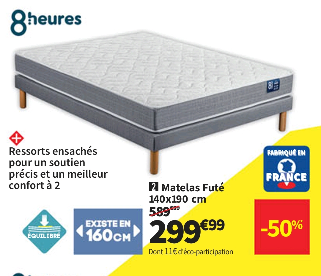 Matelas 140×190 Cm 8 Heures Fute Ressorts Soutien Medium épaisseur 21 Cm