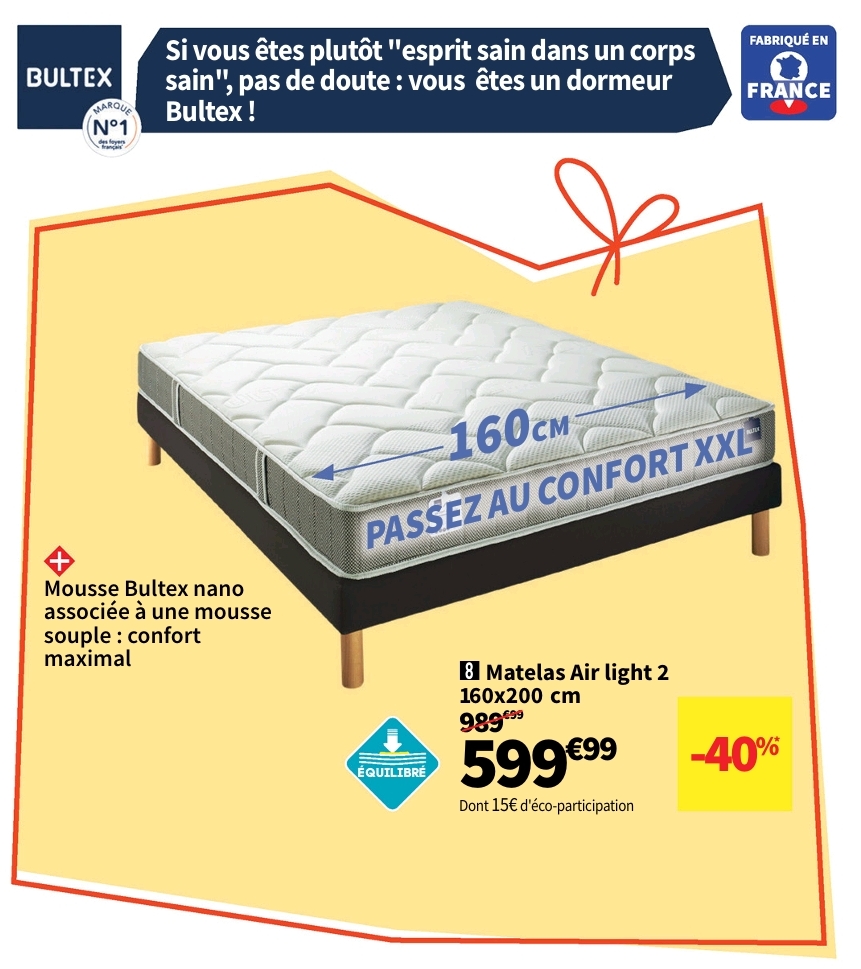 Matelas 160×200 Cm Bultex Air Light 2 Mousse Soutien Ferme épaisseur 20.5 Cm
