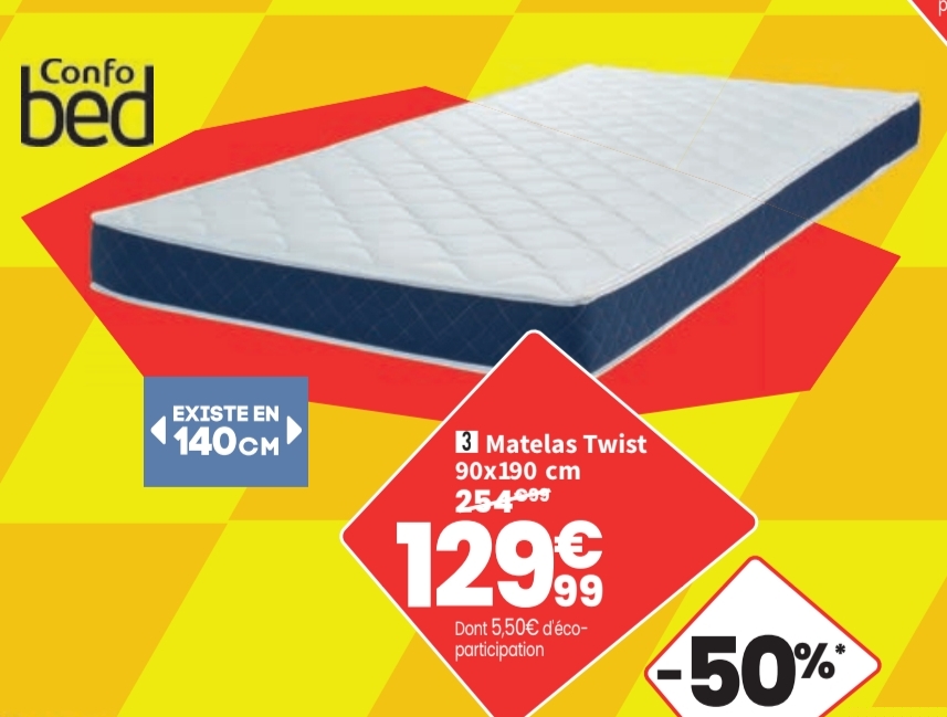 Matelas 90×190 Cm Confobed Twist Mousse Soutien Ferme épaisseur 13 Cm