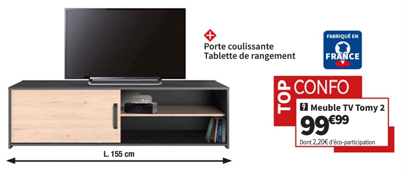 Meuble Tv 155 Cm Tomy 2 Coloris Chêne Et Noir Effet Béton Top Confo  Du 30-04 Au 03-06-24
