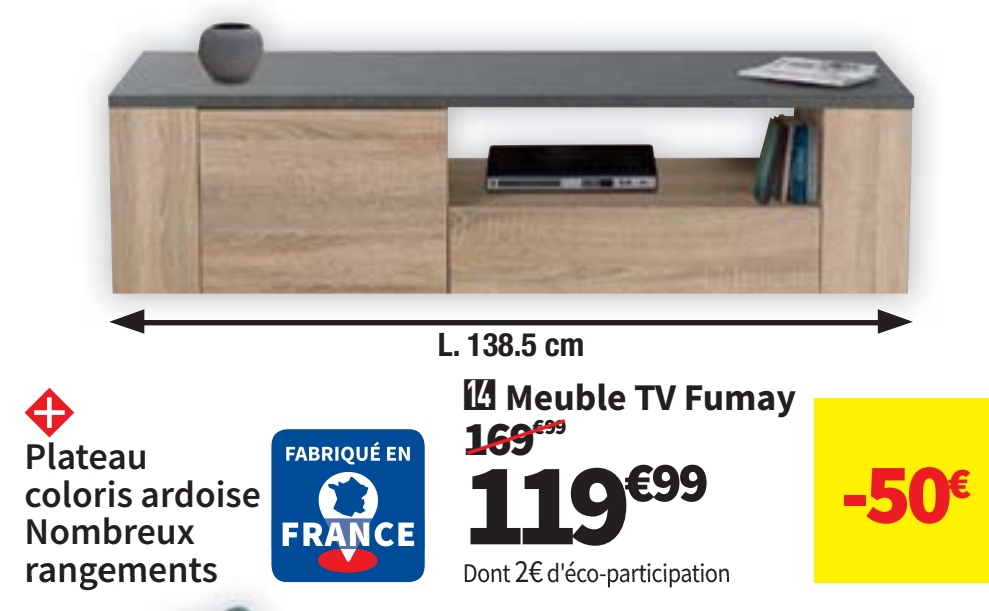 Meuble Tv      Fumay Coloris Chêne Brut/béton Foncé