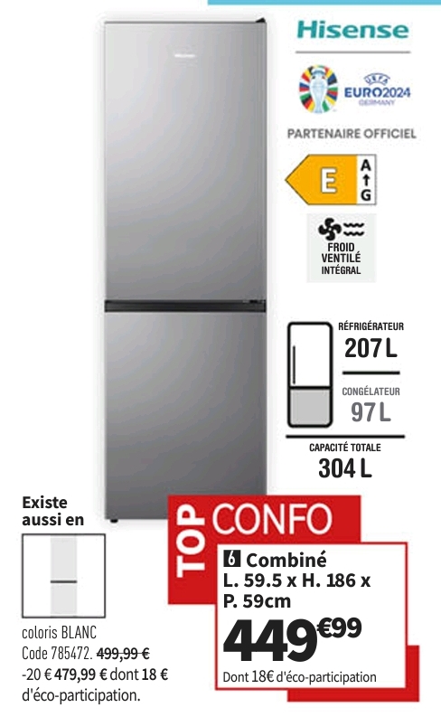 Réfrigérateur Combiné (congélateur En Bas) Top Confo  Hisense Rb390n4ad2  Du 30-04 Au 03-06-24