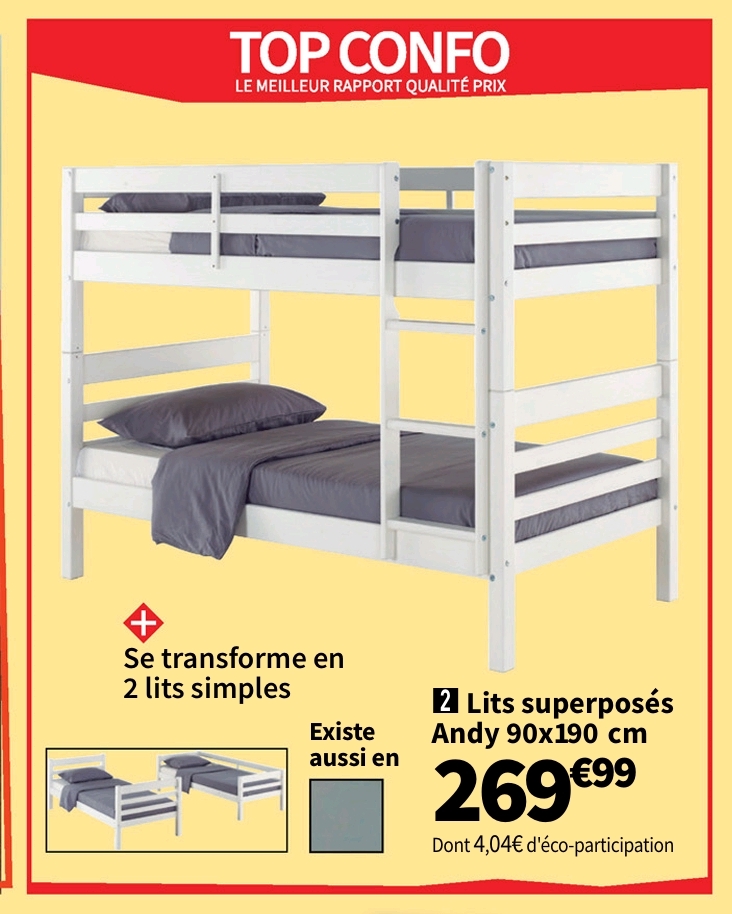 Top Confo Lit Superposé 90×190 Cm Andy Coloris Blanc